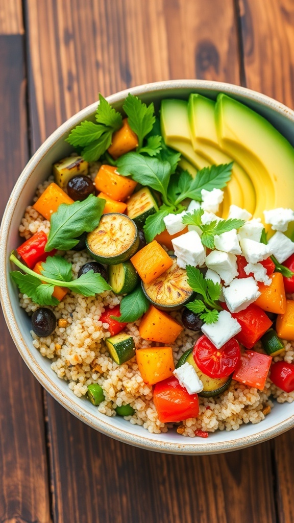 A colorful vegetarian quinoa bowl with roasted vegetables, greens, avocado, and feta cheese on a wooden table.